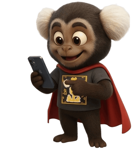 Mascote Mico Phones olhando para o celular